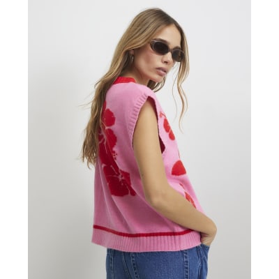 Pink Floral Sleeveless Cardigan