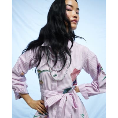 Pink Floral Stripe Shirt Dress