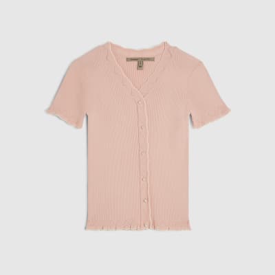 Pink Frill Trim Ribbed Knitted Top