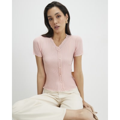 Pink Frill Trim Ribbed Knitted Top