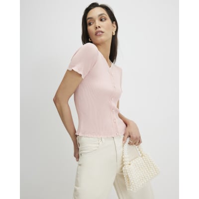 Pink Frill Trim Ribbed Knitted Top