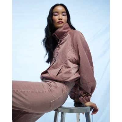 Pink Funnel Neck Drawstring Hem Bomber Jacket