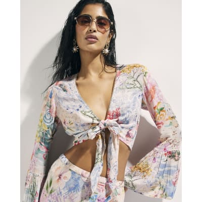 Pink Graphic Print Tie Front Beach Top