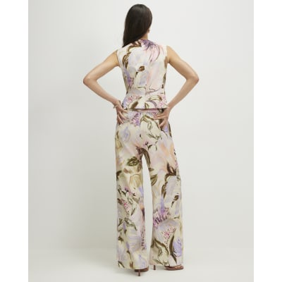Pink Linen Blend Floral Wide Leg Trousers