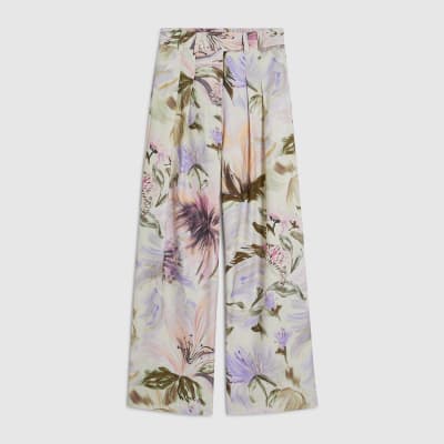 Pink Linen Blend Floral Wide Leg Trousers