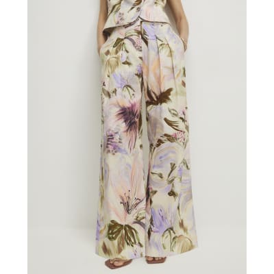 Pink Linen Blend Floral Wide Leg Trousers