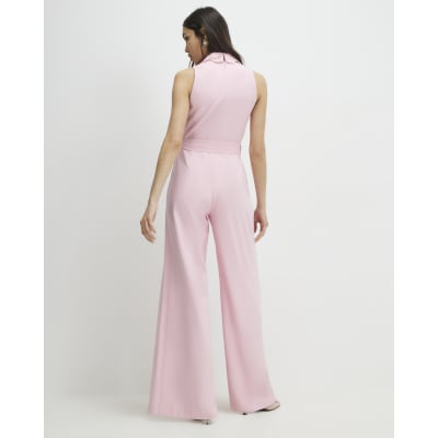 Pink Linen Blend Scallop Trim Jumpsuit