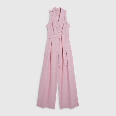 Pink Linen Blend Scallop Trim Jumpsuit