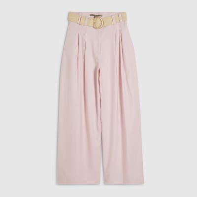 Pink Linen Look Belted Wide Leg Trousers