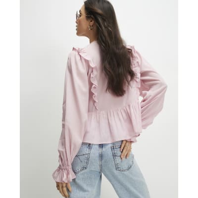 Pink Long Sleeve Lace Insert Blouse