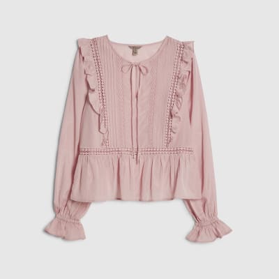 Pink Long Sleeve Lace Insert Blouse