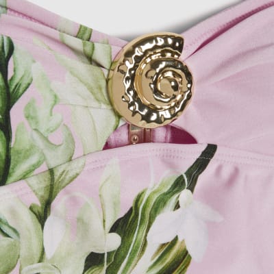 Pink Lotus Print Bandeau Swimsuit