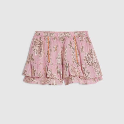 Pink Metallic Coral Print Mini Skirt