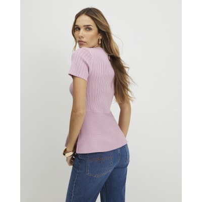 Pink Peplum Ribbed Knitted Top