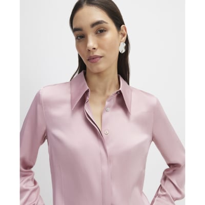 Pink Satin Long Sleeve Slim Fit Shirt