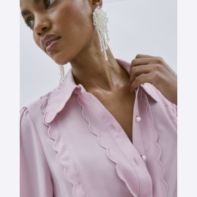 Pink Scallop Detail Chiffon Shirt