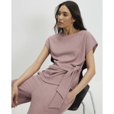 Pink Short Sleeve Textured Knot Front Top