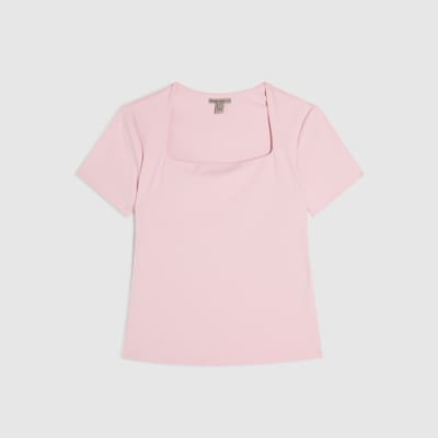 Pink Square Neck Fitted T-Shirt