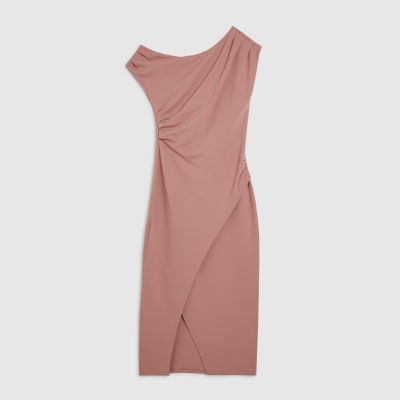 Pink Stretch Draped Midi Dress