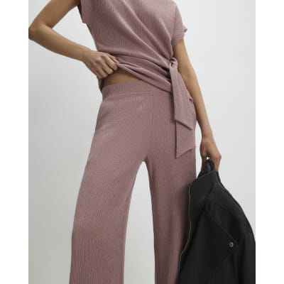 Pink Textured Wide Leg Trousers