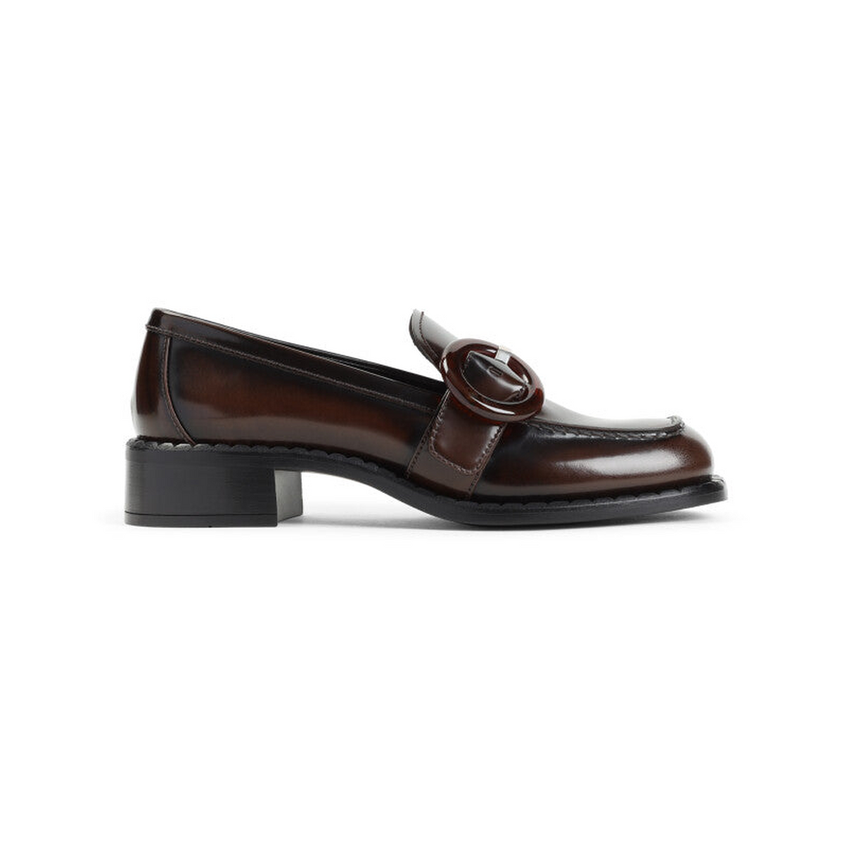 Prada Glossy Brown Buckle Detail Loafers