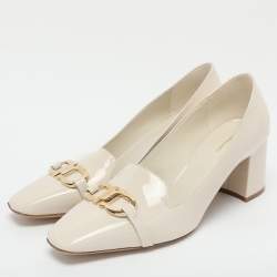 Salvatore Ferragamo Cream Patent Leather Gancini Block Heel Pumps