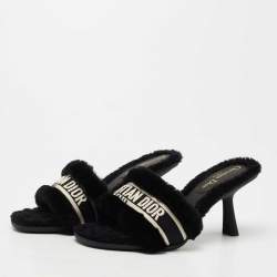 Dior Black Shearling Fur and Embroidered Canvas Dway Slide Sandals