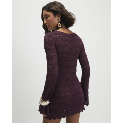 Purple Crochet Knit Boat Neck Mini Dress