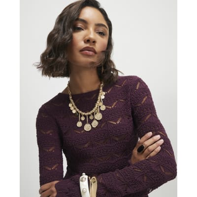 Purple Crochet Knit Boat Neck Mini Dress