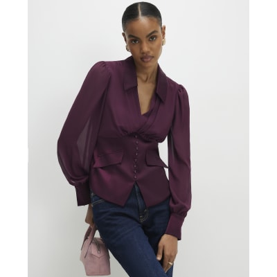 Purple Long Sleeve Corset Detail Blouse