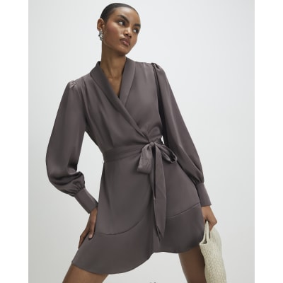Purple Satin Wrap Front Mini Dress