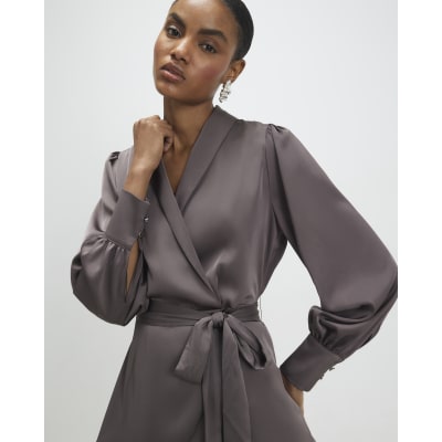 Purple Satin Wrap Front Mini Dress