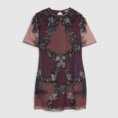 Purple Short Sleeve Embellished Mini Dress