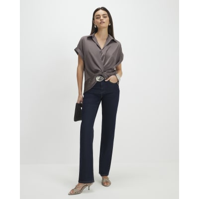 Purple Short Sleeve Wrap Front Blouse