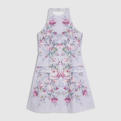 Purple Tailored Halter Neck Floral Mini Dress