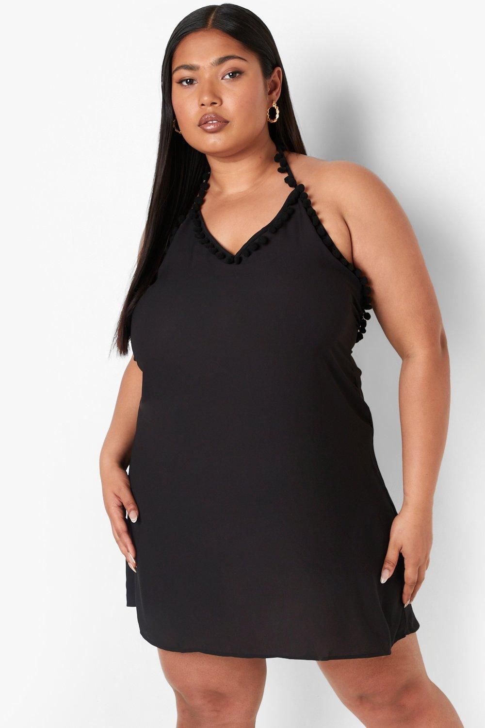 Plus Halterneck Pom Pom Trim Swing Dress