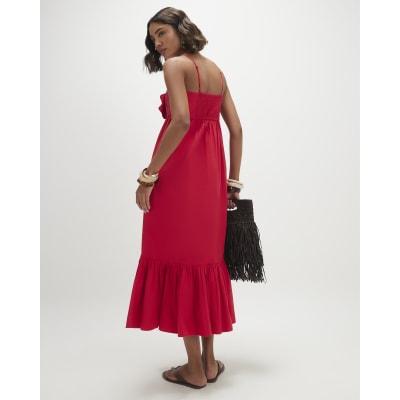 Red 3D Flower Maxi Dress
