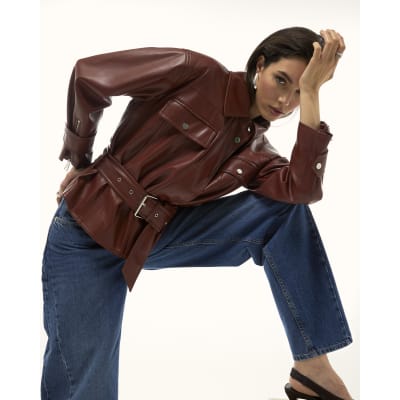 Red Faux Leather Belted Jacket