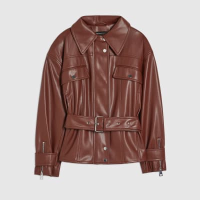 Red Faux Leather Belted Jacket