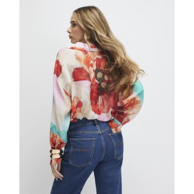 Red Floral Print Long Sleeve Blouse