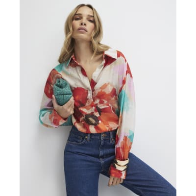 Red Floral Print Long Sleeve Blouse