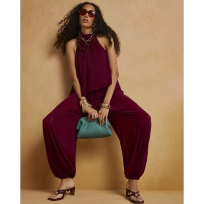 Red Halter Neck Balloon Leg Jumpsuit