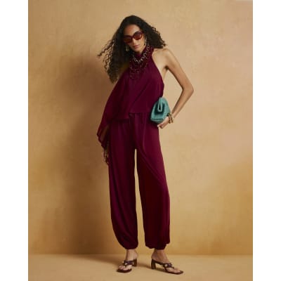 Red Halter Neck Balloon Leg Jumpsuit