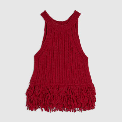 Red Knitted Fringe Trim Vest Top