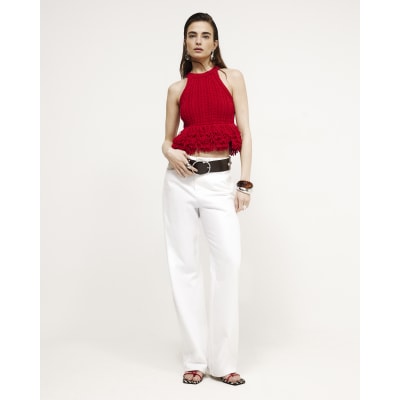 Red Knitted Fringe Trim Vest Top