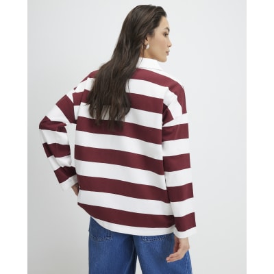 Red Long Sleeve Striped Rugby Top