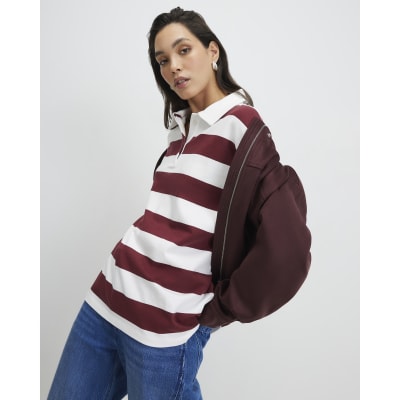 Red Long Sleeve Striped Rugby Top