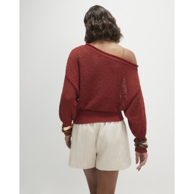 Red Open Stitch Knitted Off Shoulder Top