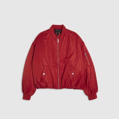 Red Oversized Ruched Hem Bomber Jacket