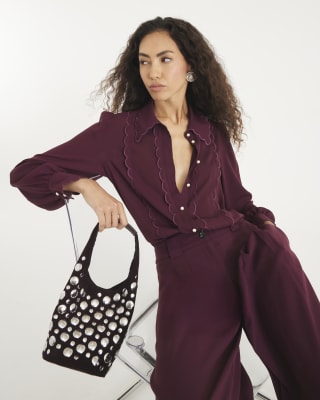Red Scallop Trim Chiffon Shirt